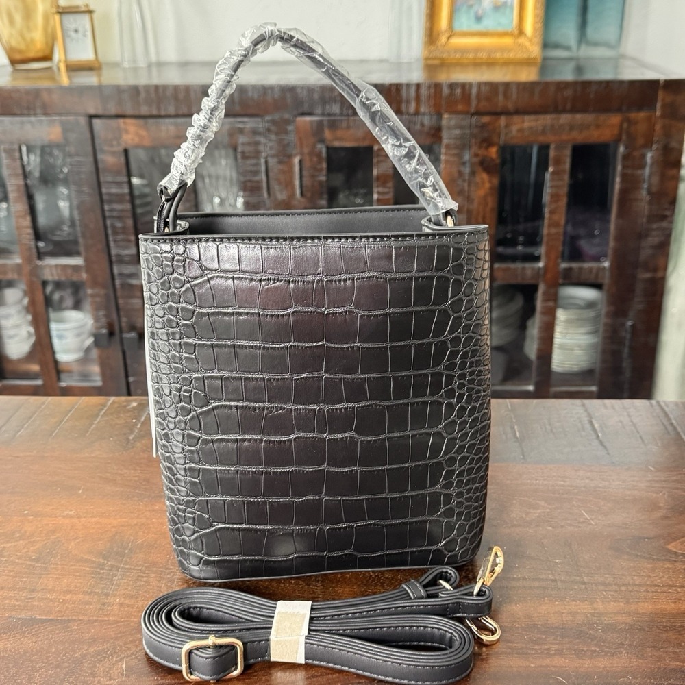 New Aota Elena Crossbody Bucket Bag‎ Black Mock Croc Vegan Leather Rachel Zoe - Picture 3 of 16